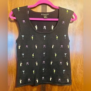Erin Matthews Black Sleeveless Sweater with Cocktail Embroidery EUC Size S